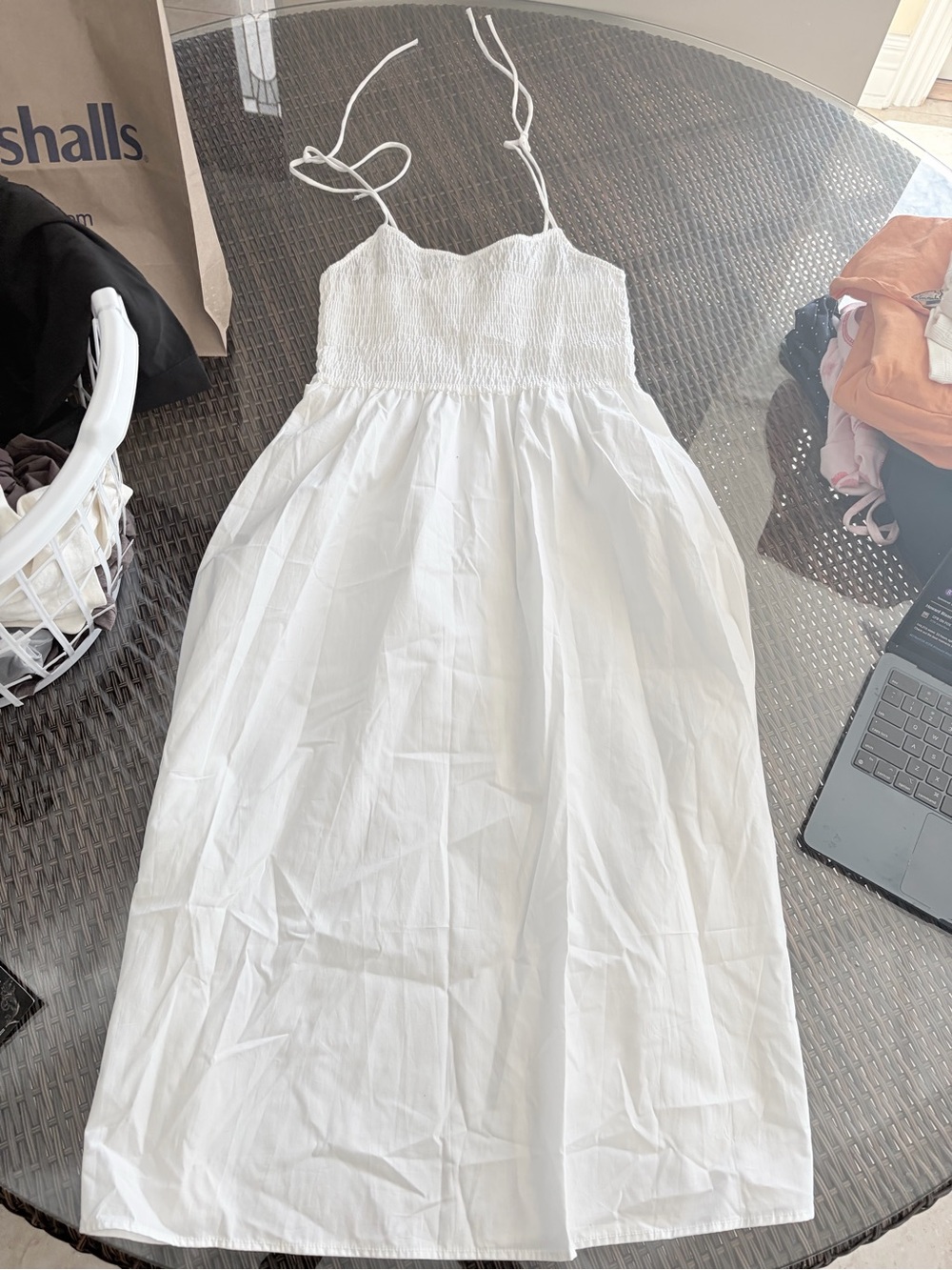 Divided White Smocked Maxi Sundress with Spaghetti Ties